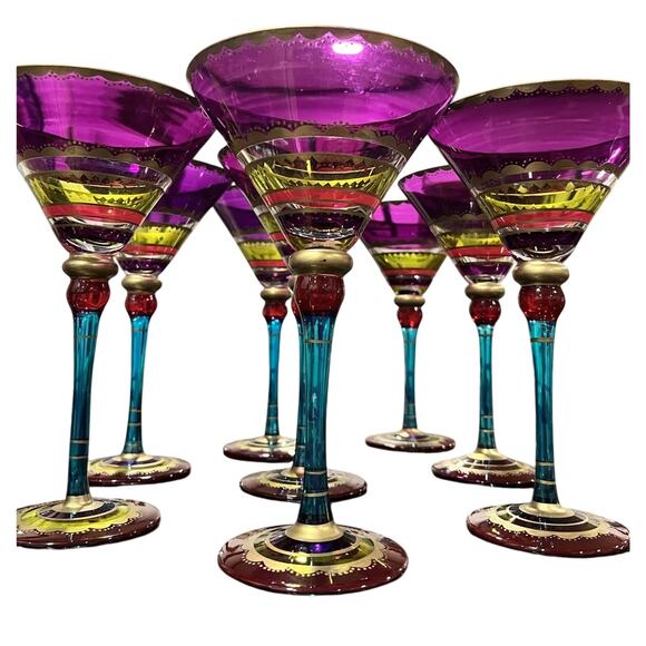 4 Pier 1 Festive Martini Glasses Blown Colorful Purple Stripe Gold Accent 8" Set - Picture 2 of 14
